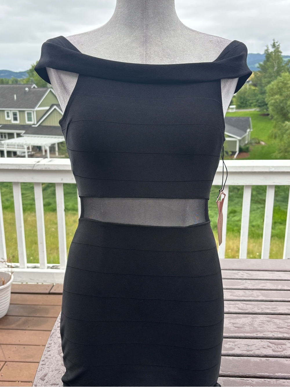 Haute Monde Black Off-Shoulder Midi Dress with Mesh Waist